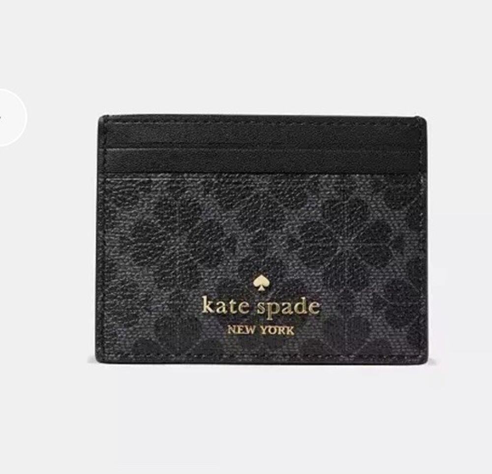 NWT Kate Spade Spade Flower Small Slim Card Holder Black Monogram Wallet KN761